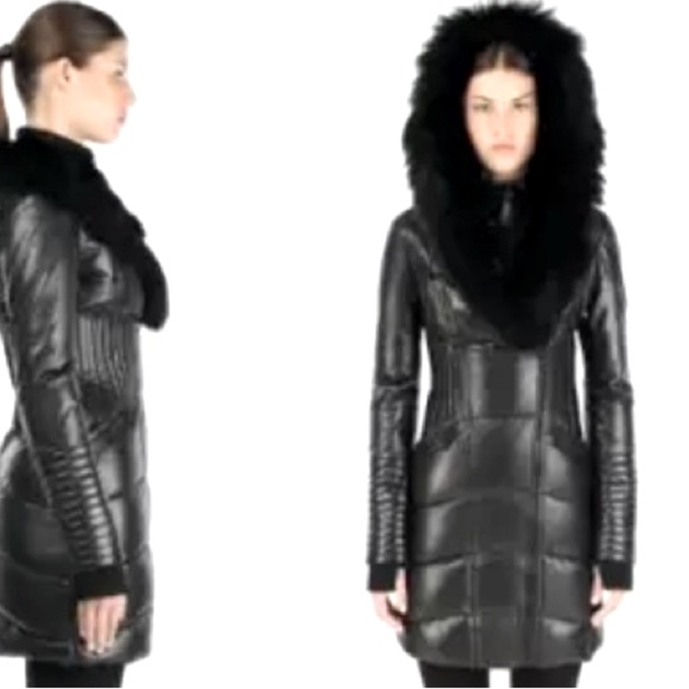 RUDSAK Down Leather Fur Hooded 3/4 length Black Winter Coat Jacket Small